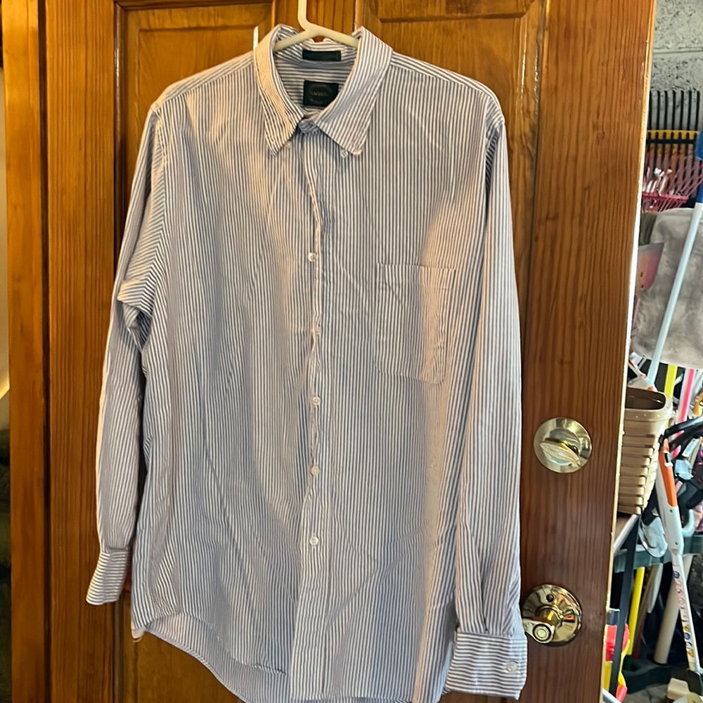 Saddles Long Sleeve Dress Shirt Blue Pin Stripes Size 16 1/2 34